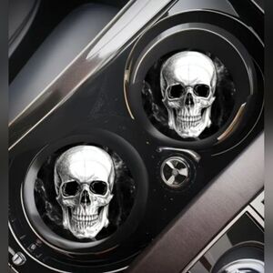 NEW Set of 2 Rubber Car Coasters SKULLS BW Goth Halloween
